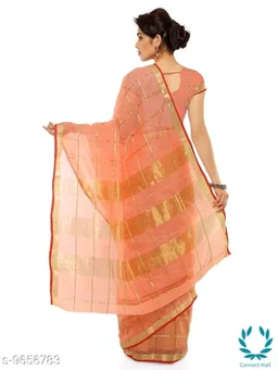 Orange Kota Doria Cotton Zari Stripes Checks saree with Unstitched Blouse piece - Striped, Pack Of :1